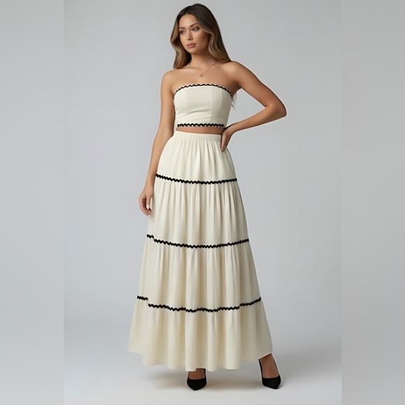 By Design Dresses & Skirts - Boho Applique Cropped Bandeau Top And Skirt Set Beige